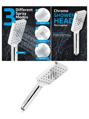 Chrome Rectangular Shower Head 1/2” Fit, Large Coverage, 3 Spray Modes