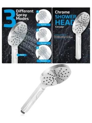 Chrome Round Showerhead 1/2" – 3 Adjustable Spray Modes, Large Flow