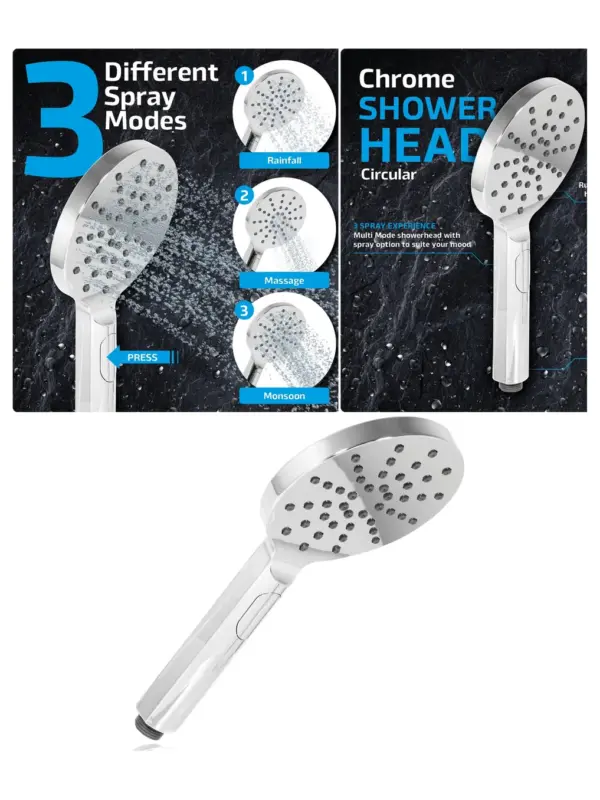 Chrome Round Showerhead 1/2" – 3 Adjustable Spray Modes, Large Flow