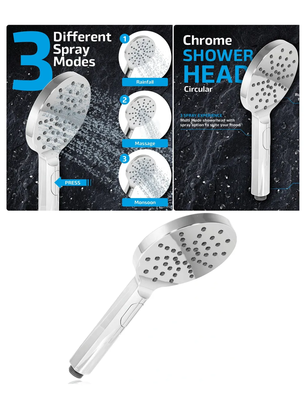 Chrome Round Showerhead 1/2" – 3 Adjustable Spray Modes, Large Flow