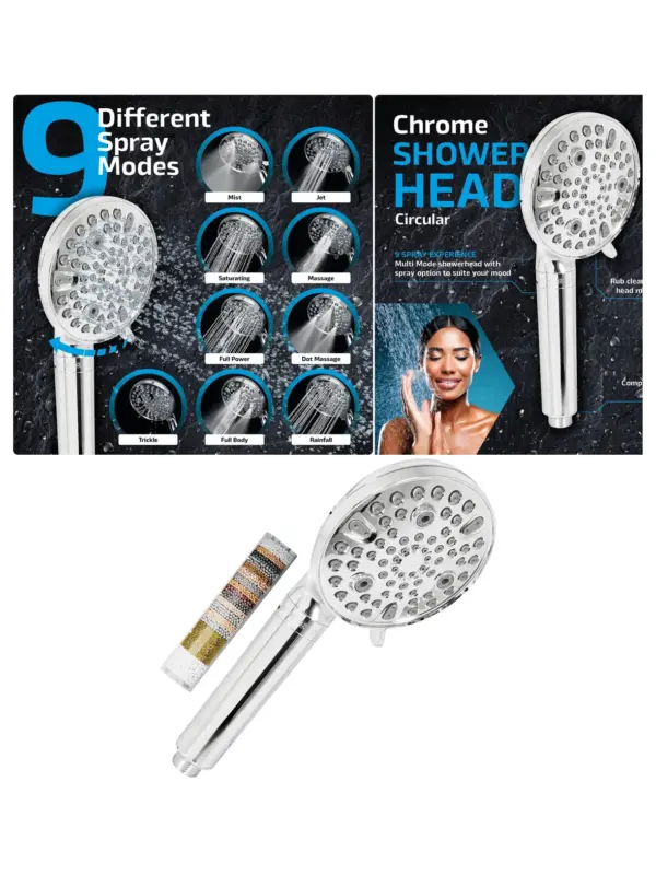 Chrome Shower Head with Filter – 9 Spray Modes, Massage & Mist