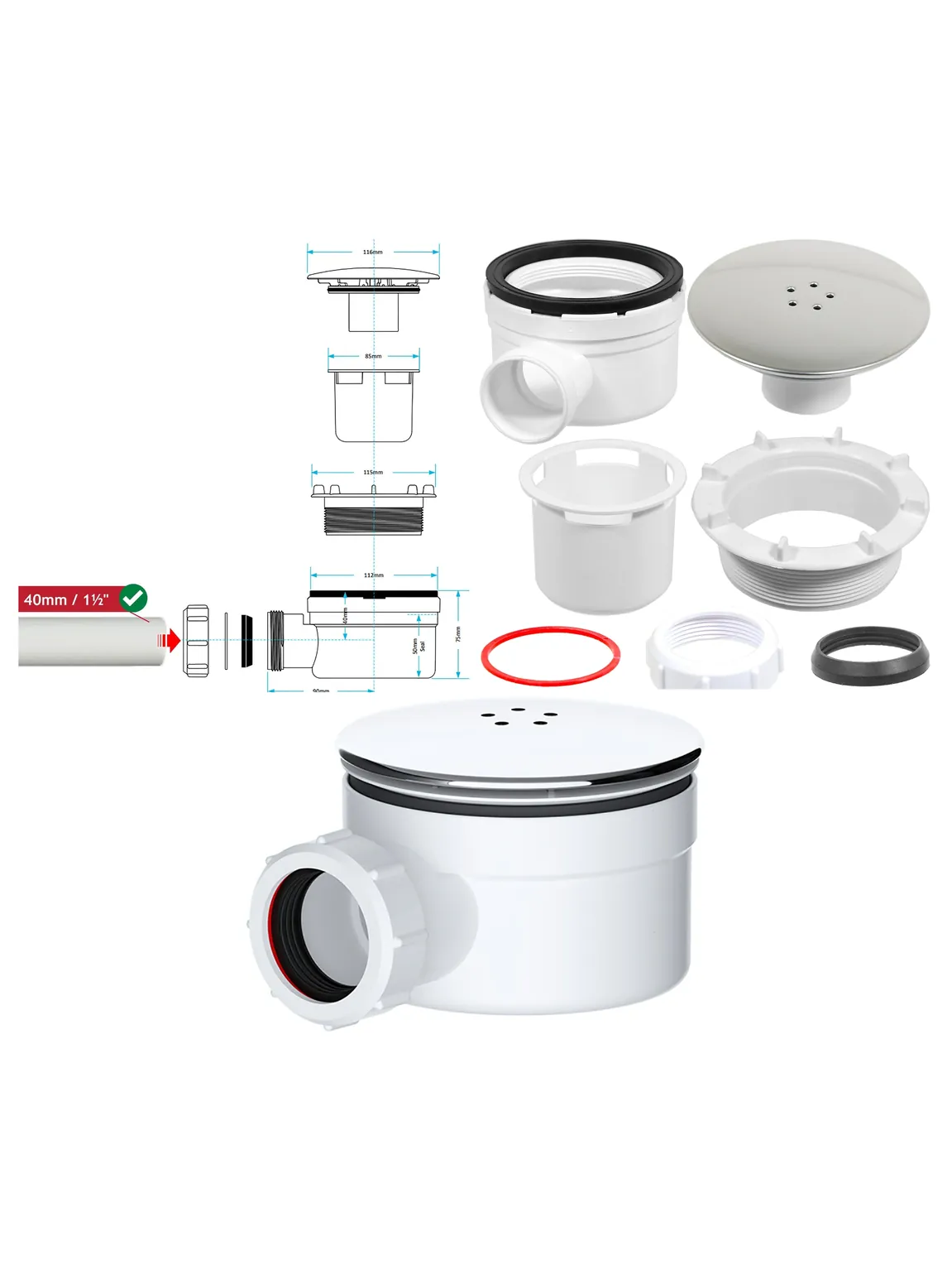 Chrome Silver 90mm Shower Waste Drain Trap Kit with Dome Base