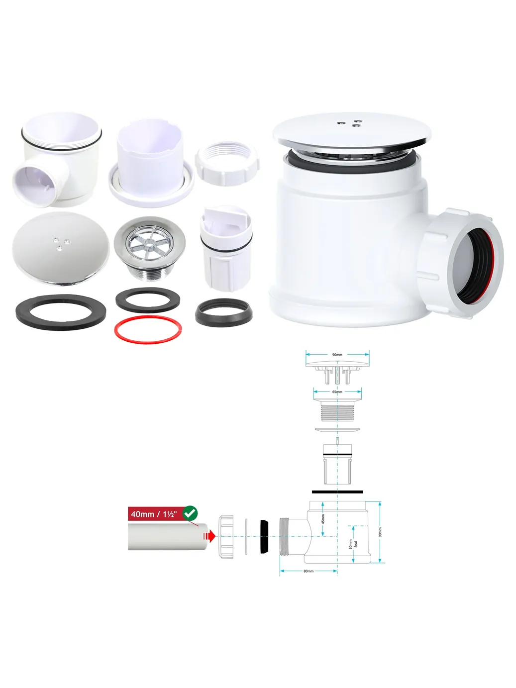 Chrome Silver Dome Shower Trap Kit – 50mm Tray, 40mm Plug, 1.5″ Drain