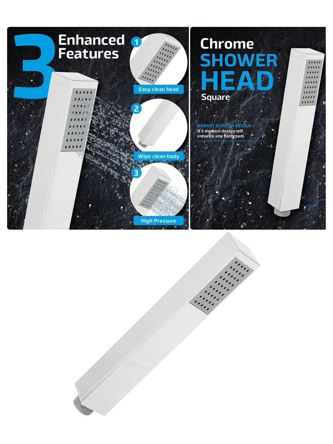 Chrome Square Slim Showerhead 1/2" Single Spray for Modern Bathroom