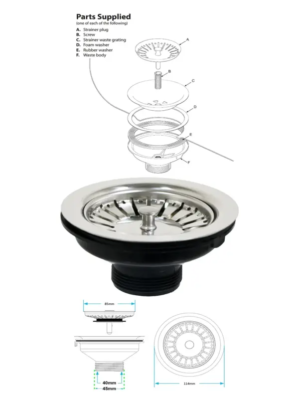 Chrome Stainless Steel Sink Strainer 40mm Waste Plug for Kitchen & Bath