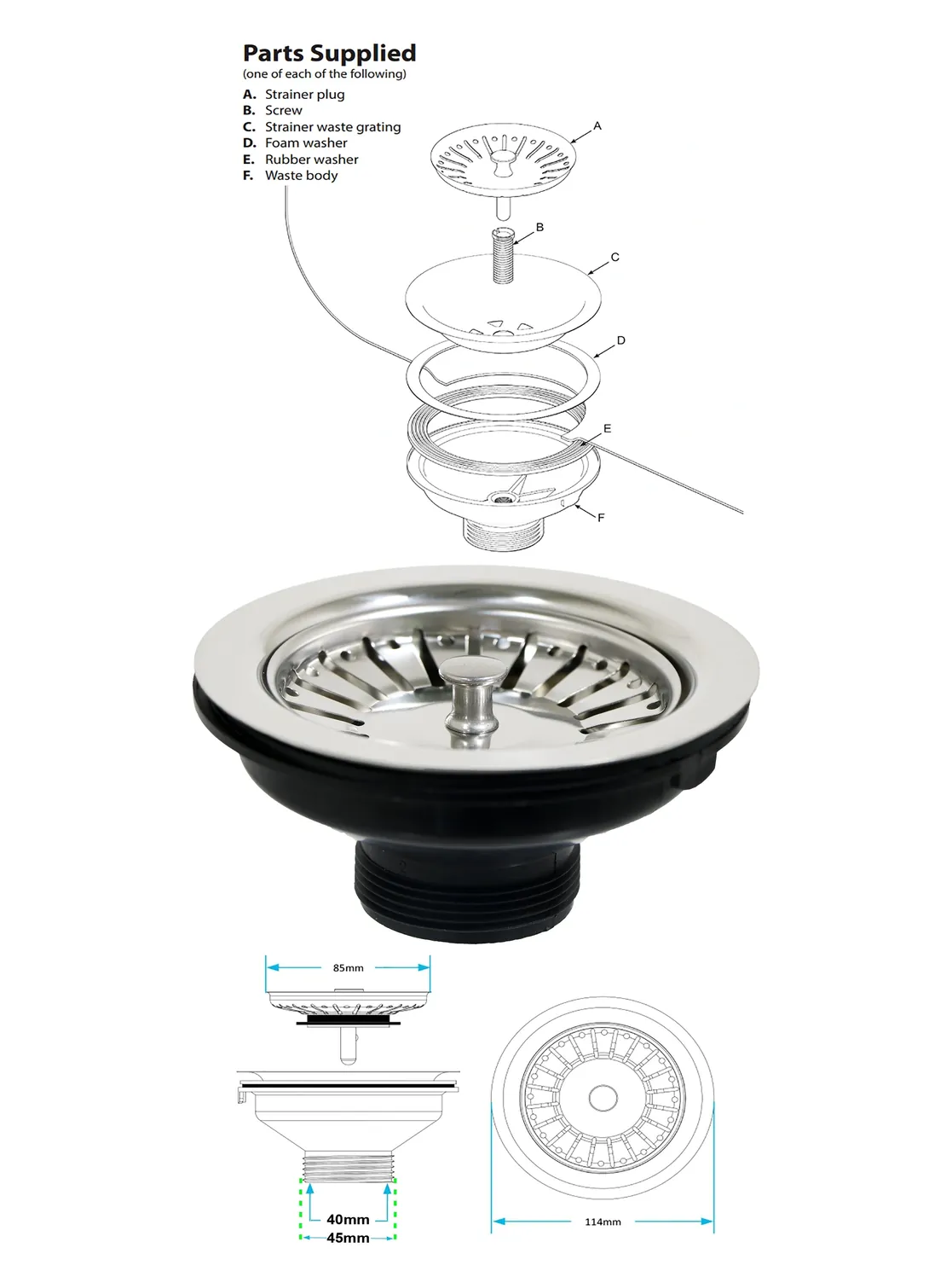 Chrome Stainless Steel Sink Strainer 40mm Waste Plug for Kitchen & Bath