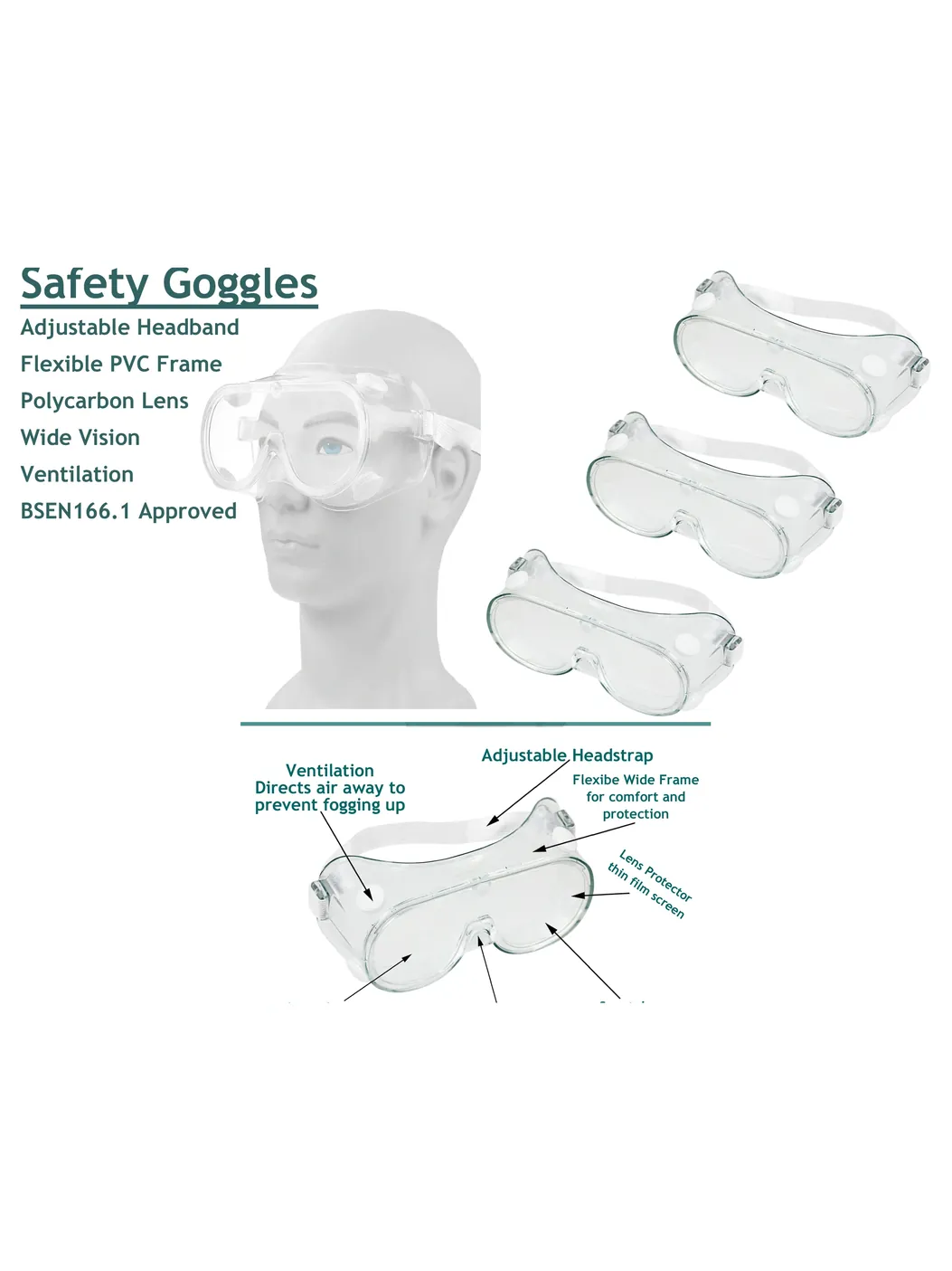 Clear Safety Goggles – Universal Fit, Pack of 3 Protective Glasses