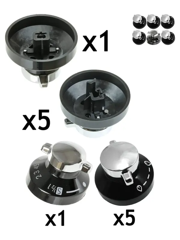 DIPLOMAT Replacement Oven & Gas Hob Knob Set – Black/Silver, 6 pcs