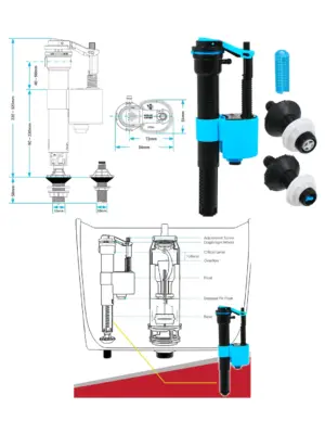 Dual-Height Adjustable Toilet Fill Valve 4-in-1 Float for Bottom/Side