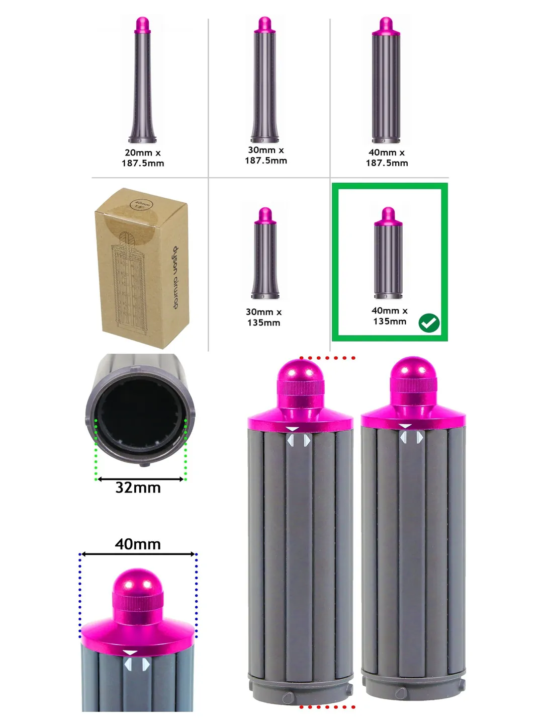 Dyson Airwrap 40mm Curling Barrel – Nickel/Fuchsia Hair Styler