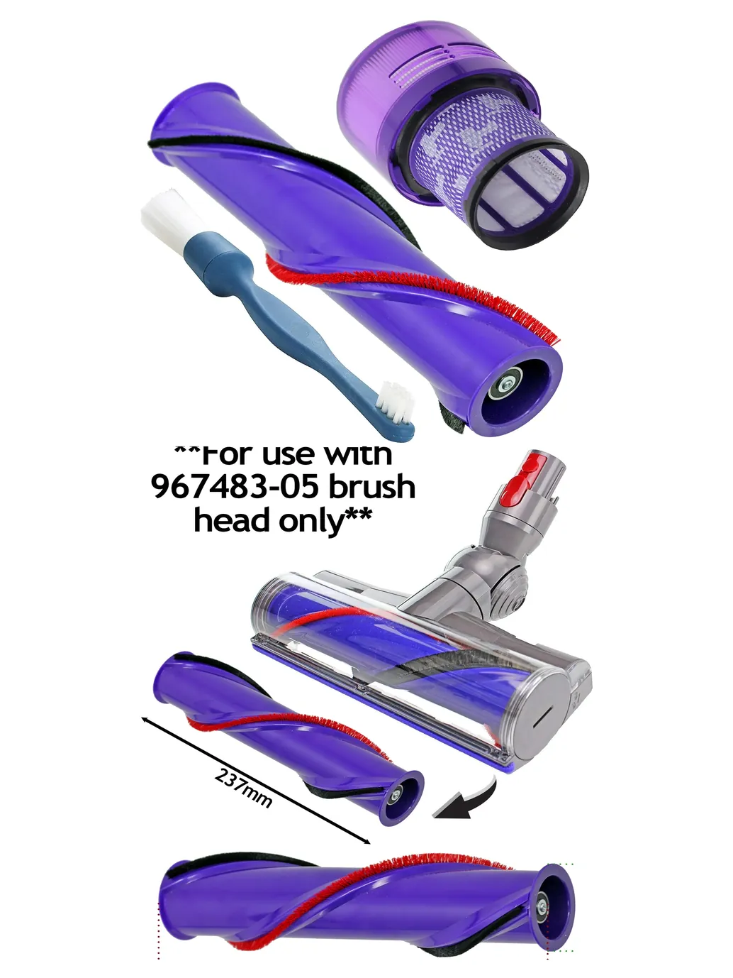 Dyson V11 Replacement Brush Roll Bar with Washable Filter – 237mm