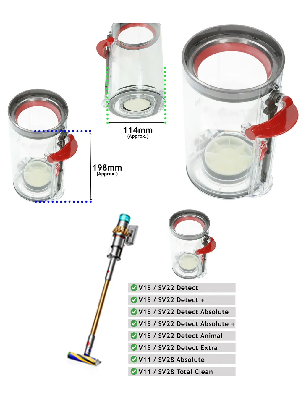 Dyson V15 Vacuum Dust Bin Replacement for SV22/SV28 970050/965443
