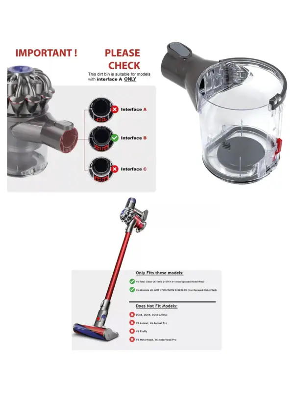 Dyson V6 Dust Bin for Total Clean/Absolute – Red, fits SV06 SV09