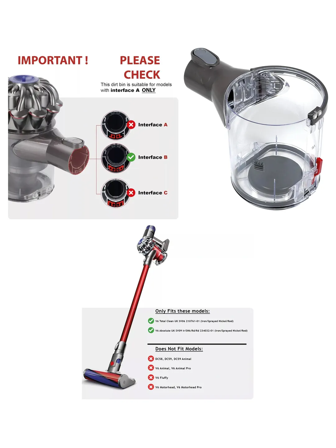 Dyson V6 Dust Bin for Total Clean/Absolute – Red, fits SV06 SV09