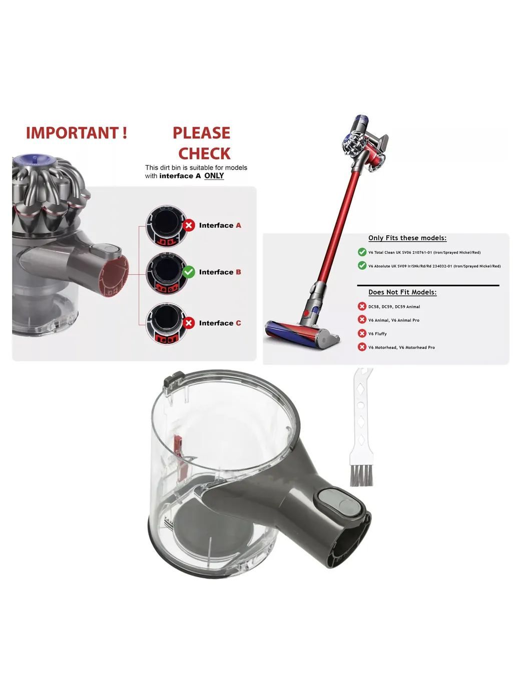 Dyson V6 Replacement Dust Bin with Cleaning Brush Model 966709-01