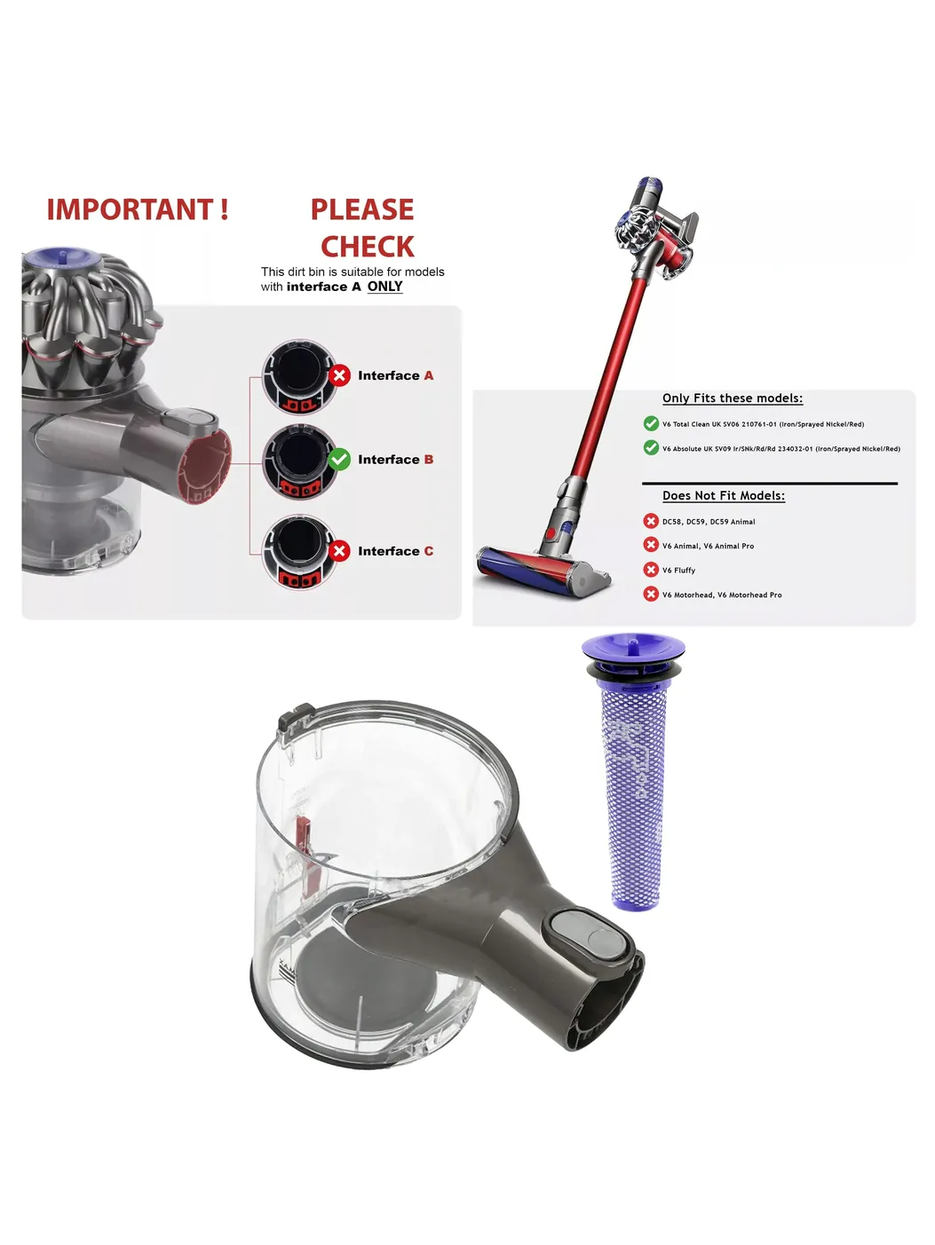 Dyson V6 Vacuum Dust Bin with Pre-Motor Filter Red Replacement Part