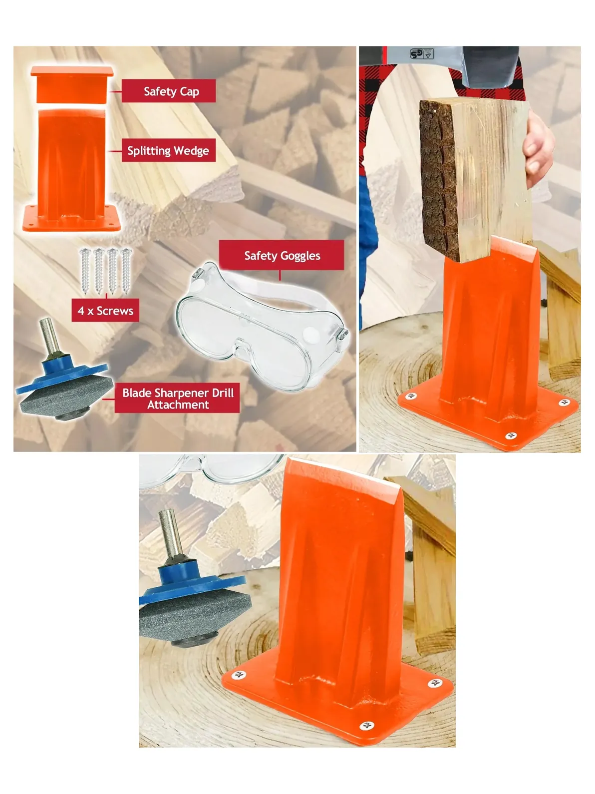Firewood Splitter Kit: Kindling Wedge, Drill Sharpener & Goggles