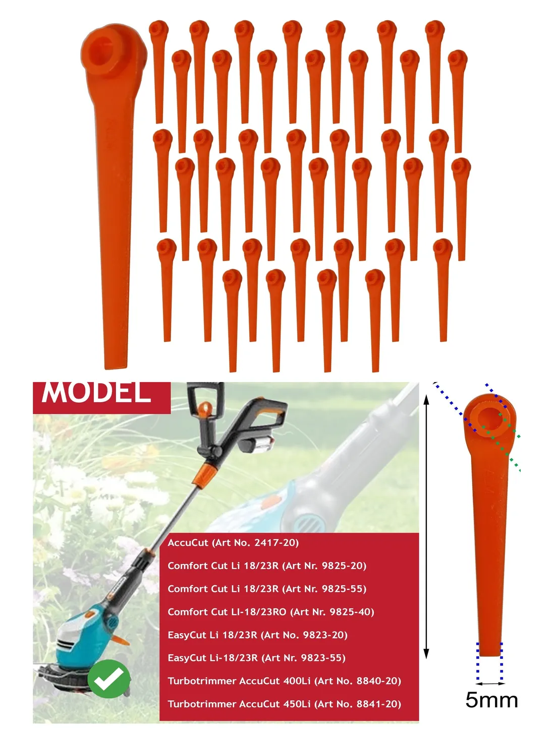 Gardena AccuCut 18/23R Plastic Trimmer Blades - 40 Pack Replacement