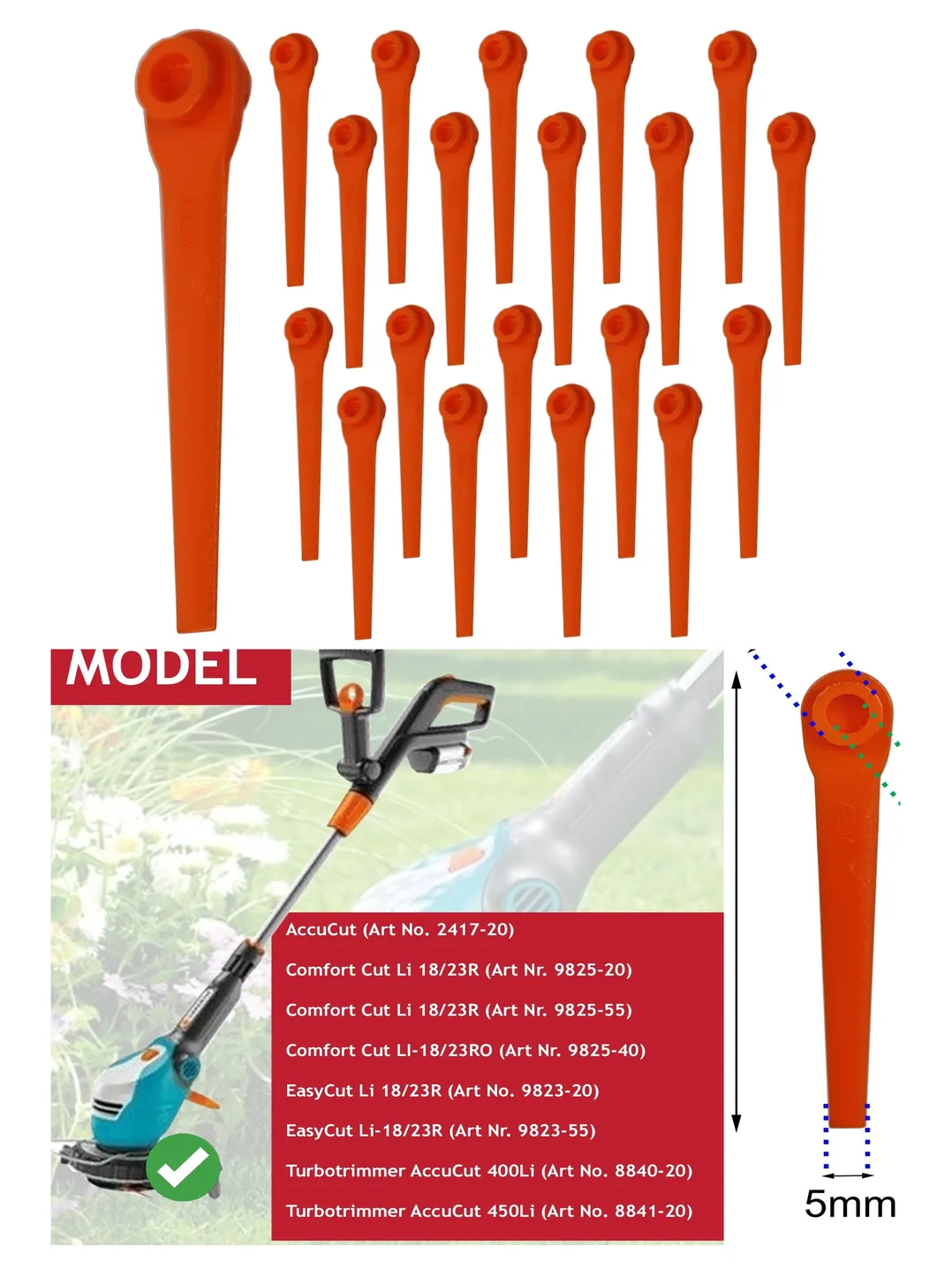 Gardena AccuCut 18/23R Plastic Trimmer Blades – Pack of 20
