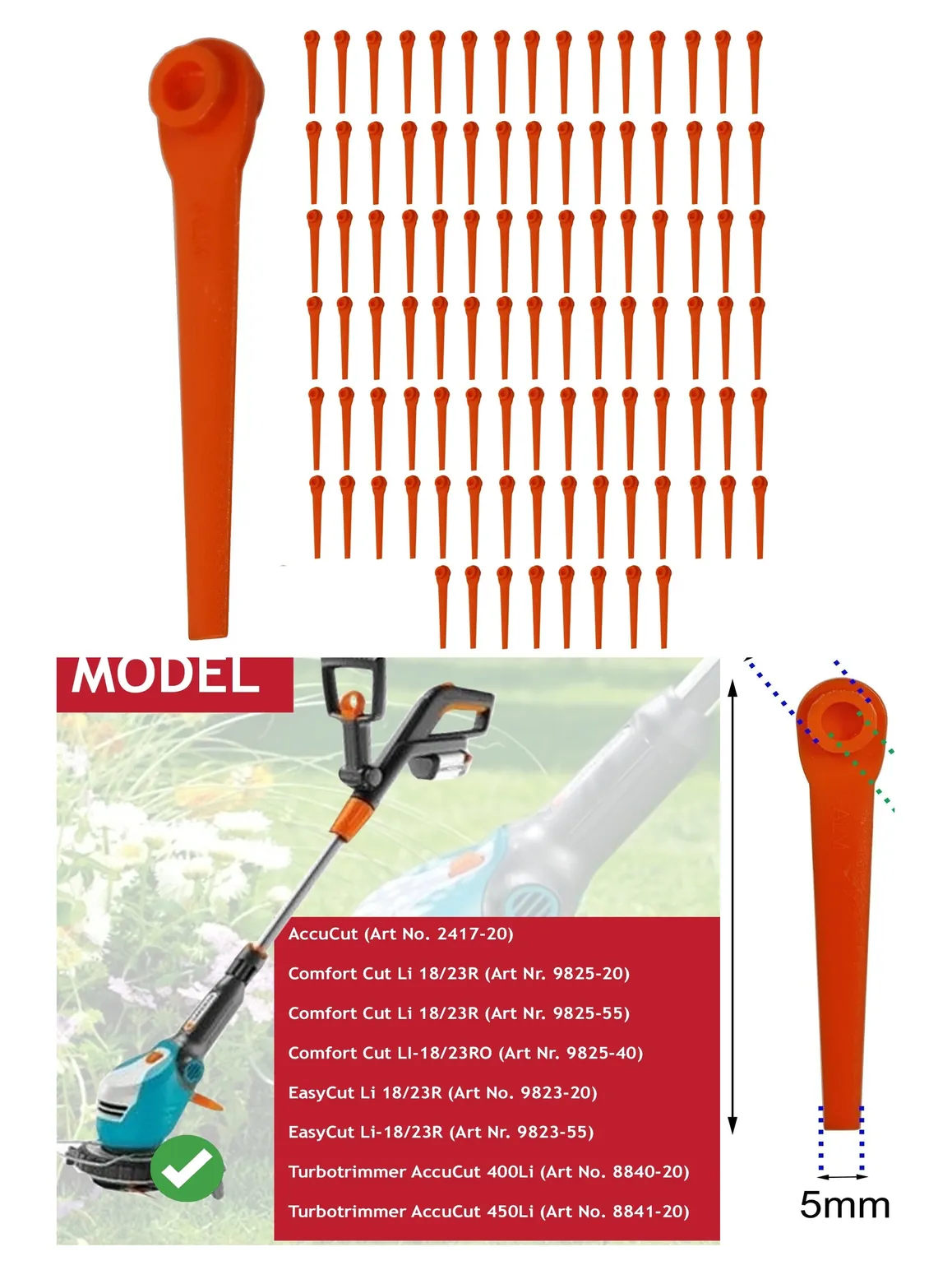 Gardena AccuCut Plastic Trimmer Blades 18/23R – 100 Pack Replacement