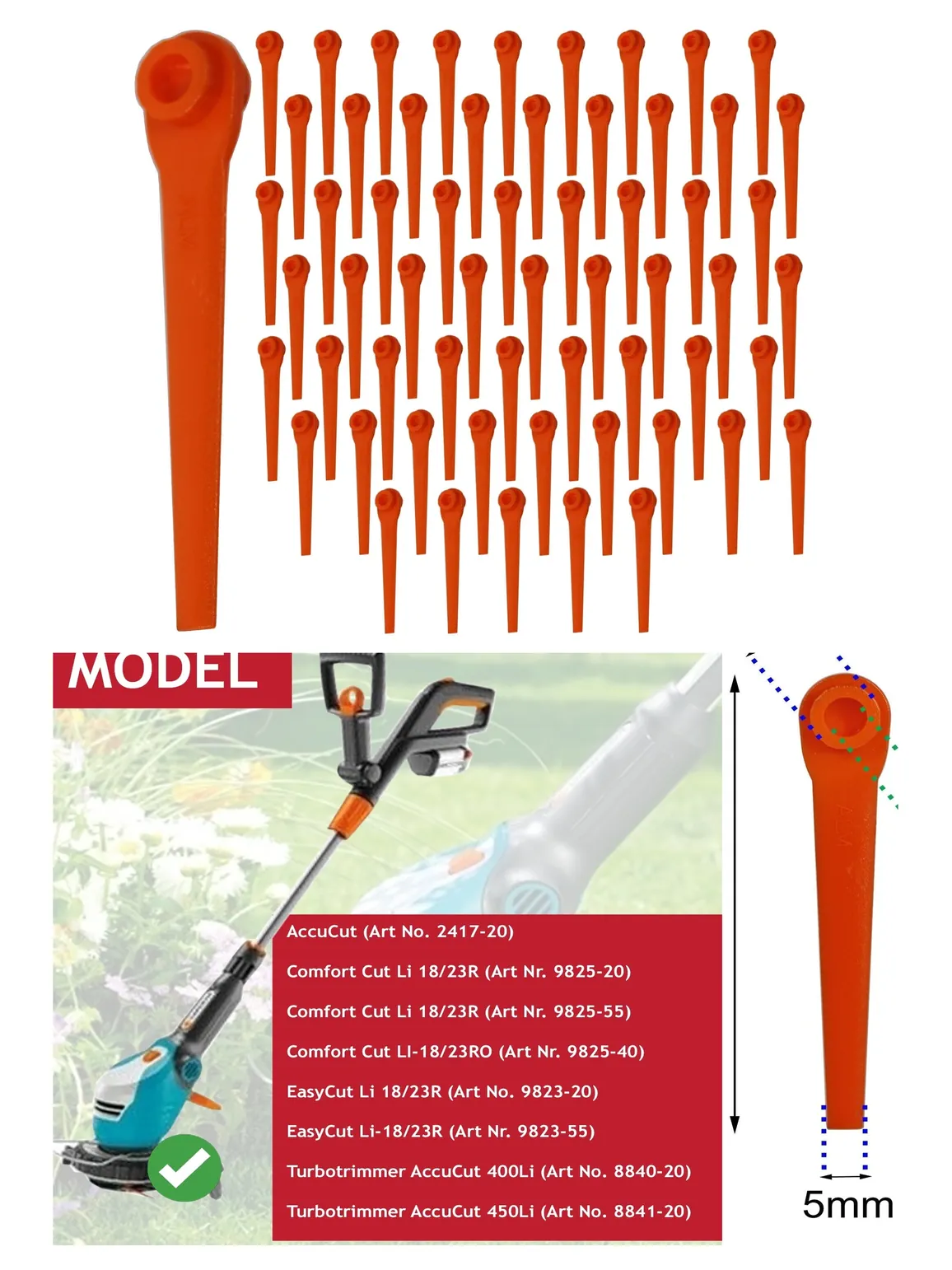 Gardena AccuCut Plastic Trimmer Blades 18/23R – 60 Pack for EasyCut
