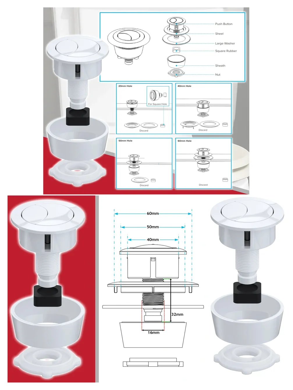 Gloss White Universal Dual Flush Cistern Push Button Kit