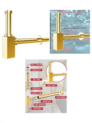 Gold Brass Adjustable 40mm Square Sink Trap and Waste Pipe Deodorizer