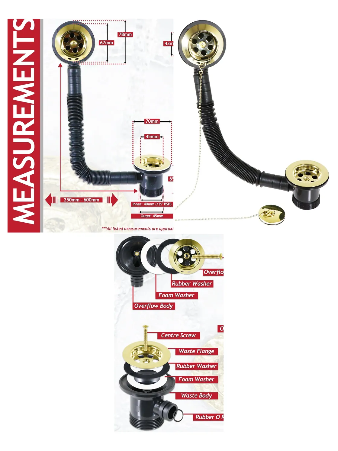 Gold Brass Bath Waste Plug Set with Chain & Overflow Pipe – 40mm