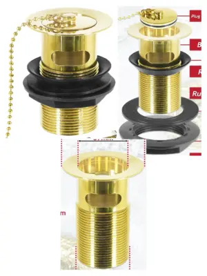 Gold Brass Sink Overflow Plug with Chain and Stay – 40mm
