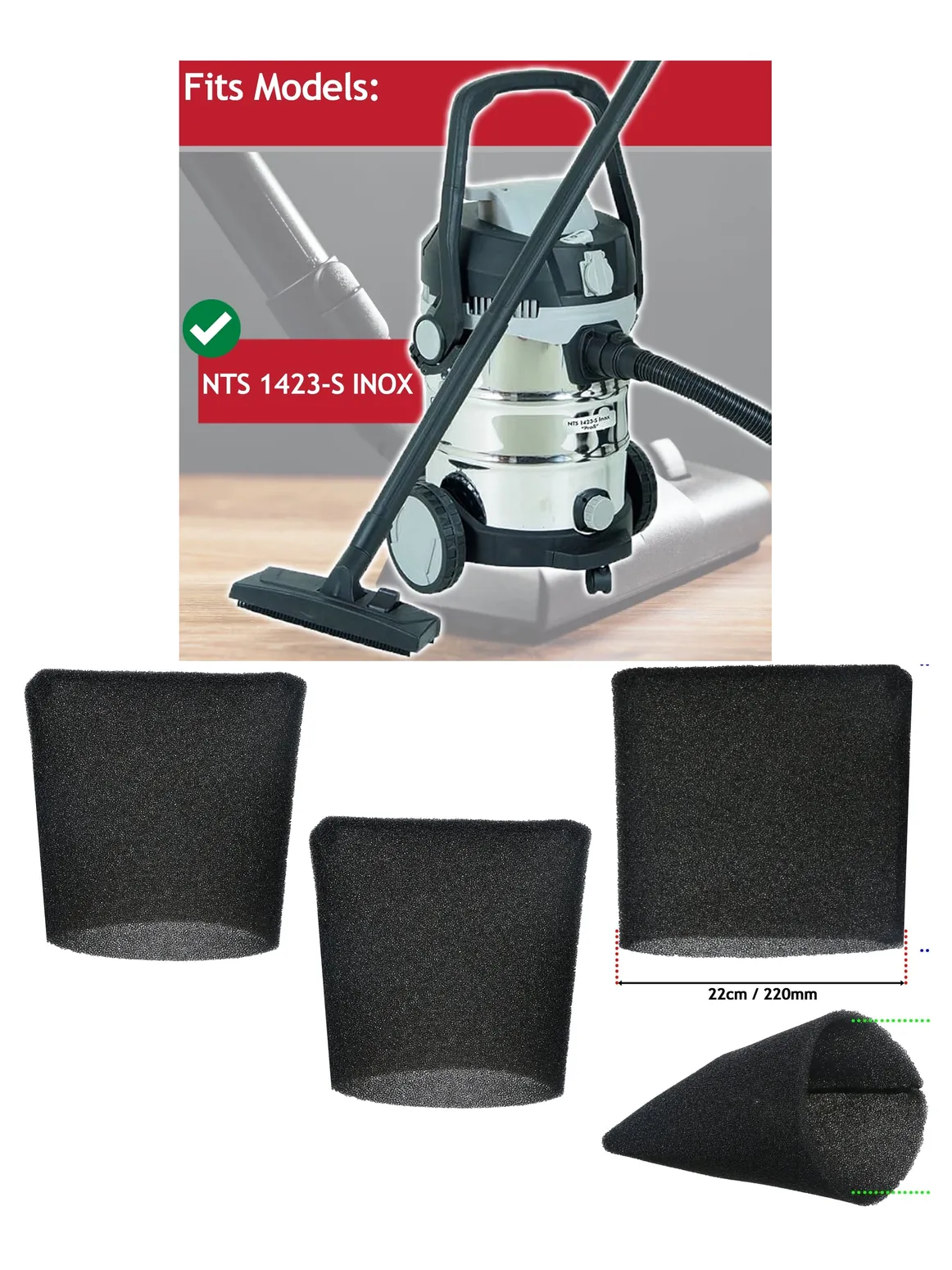 Grizzly NTS 1423‑S Inox Wet/Dry Vacuum Foam Filter Sleeve 22cm 2pcs