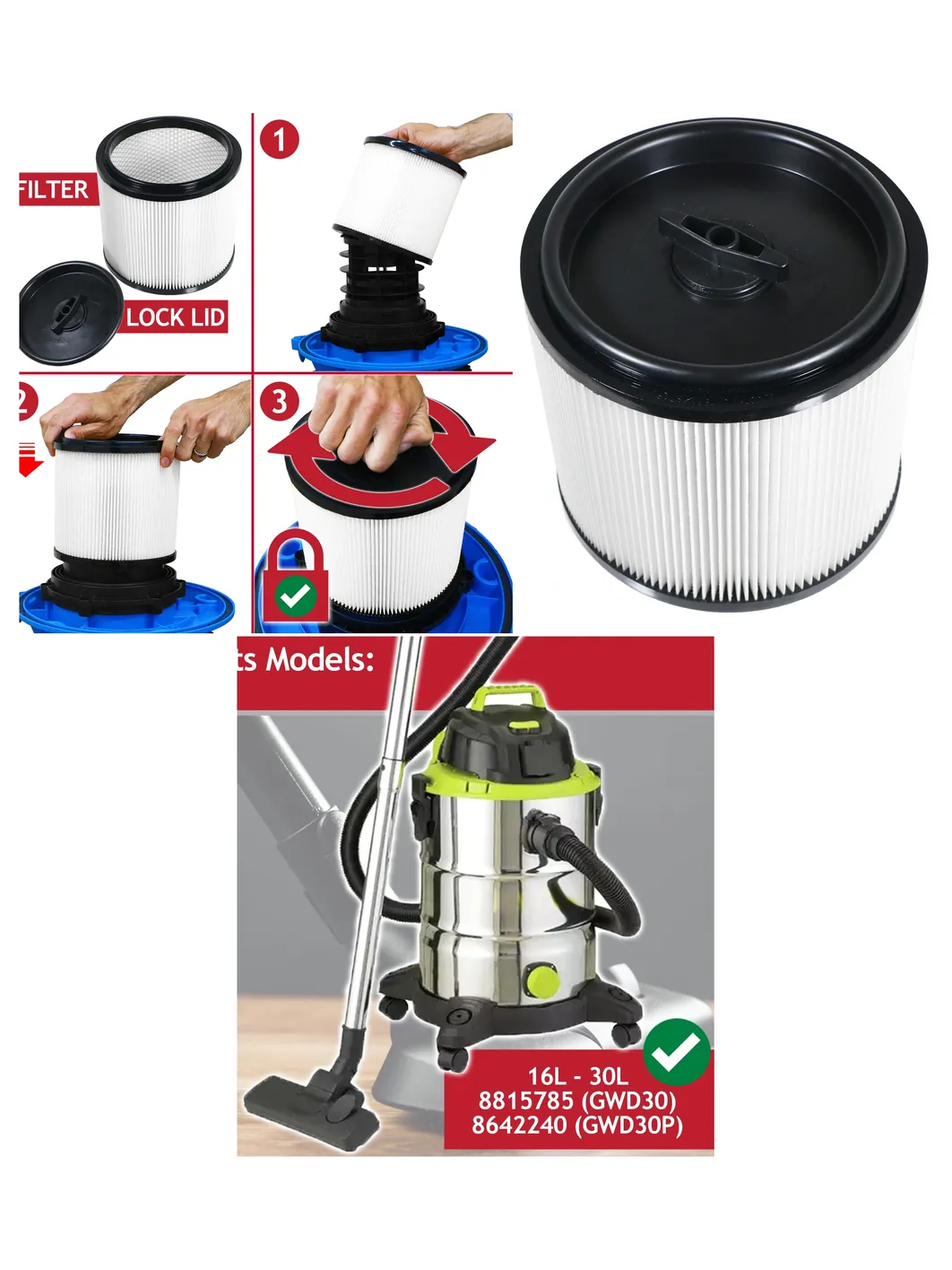 Guild Wet & Dry Cartridge Filter for GWD30, GWD30P, 16L/30L Vacuums