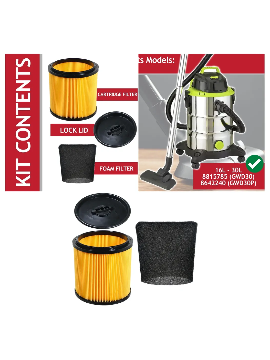 Guild Wet/Dry Cartridge Filter Kit for 16L & 30L Vacuums GWD30/30P