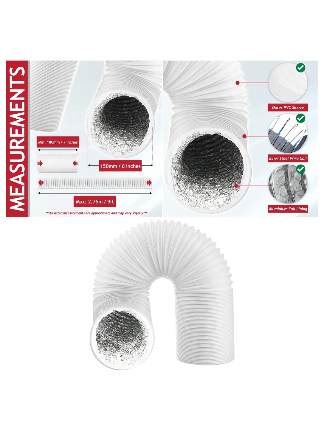 Haier Portable AC Insulated PVC Vent Hose 6m x 2.5m Aluminum Foil Duct