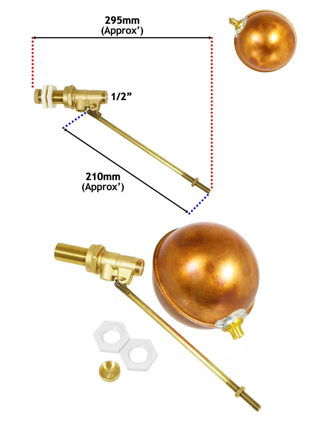 High-Pressure 1/2" Side-Entry Toilet Float Valve with Copper Ball Kit