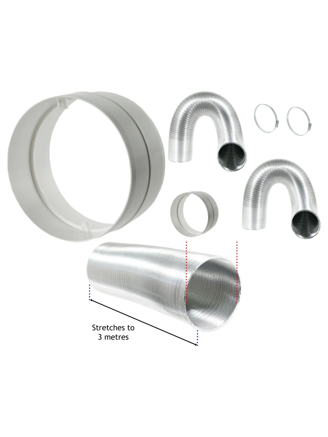 HVAC Ducting Kit - Two 5m x 3m Flexible Vent Hoses, Connector & Clips