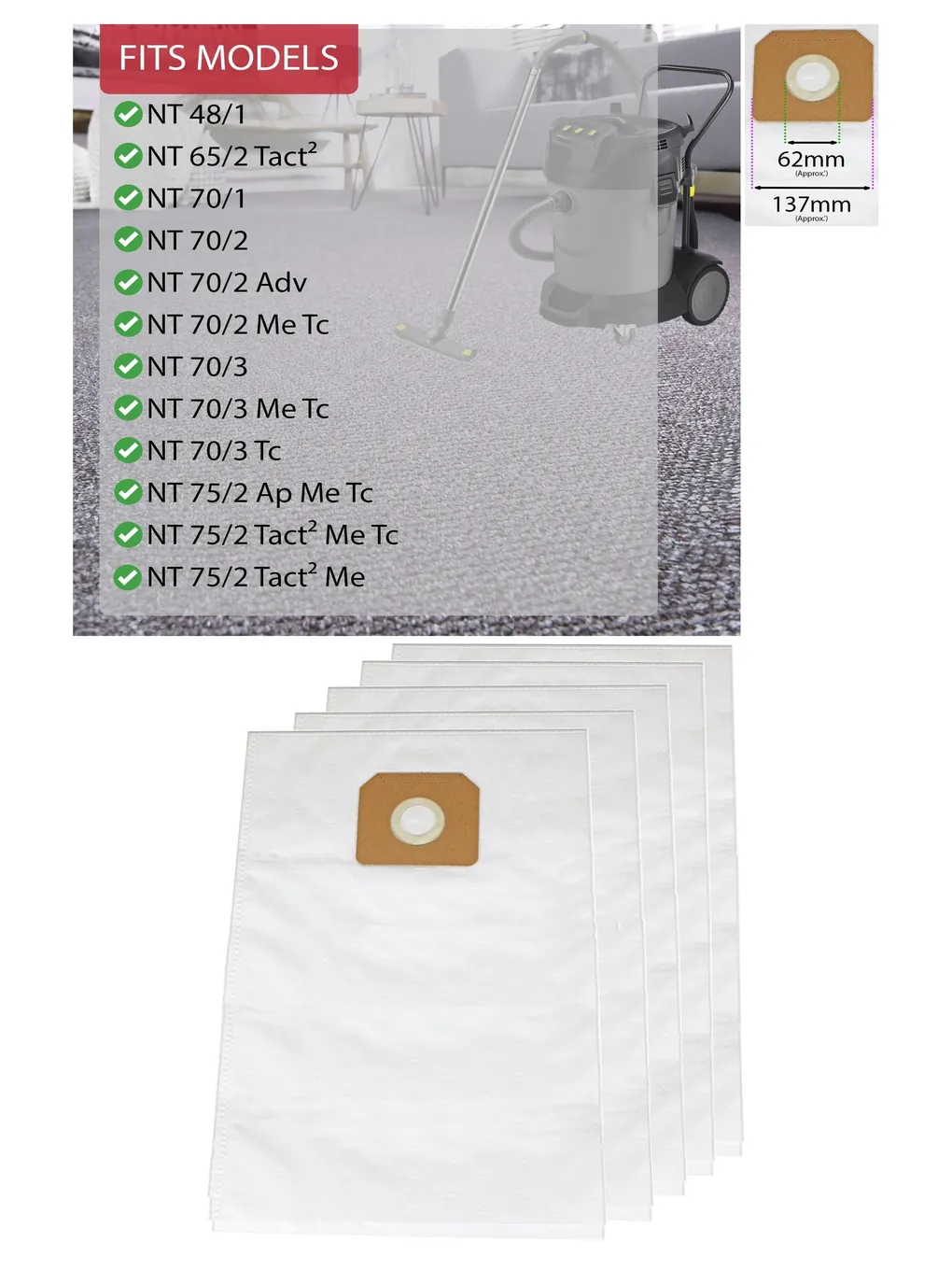 Karcher Vacuum Dust Bags 5 Pack for NT 70/1 70/2 70/3 75/2 and 65