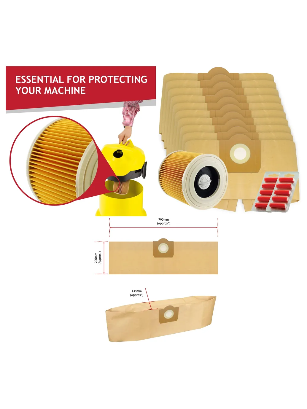 Karcher WD3/WD3P/MV3 Vacuum Dust Bag & Filter – Pack of 10 + Fresheners