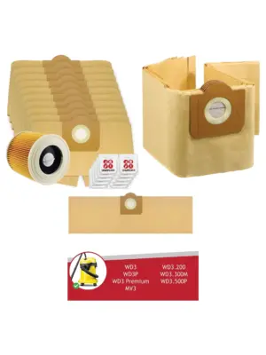 Karcher WD3/WD3P/MV3 Vacuum Dust Bags 10pk + Filter & Freshener Tabs