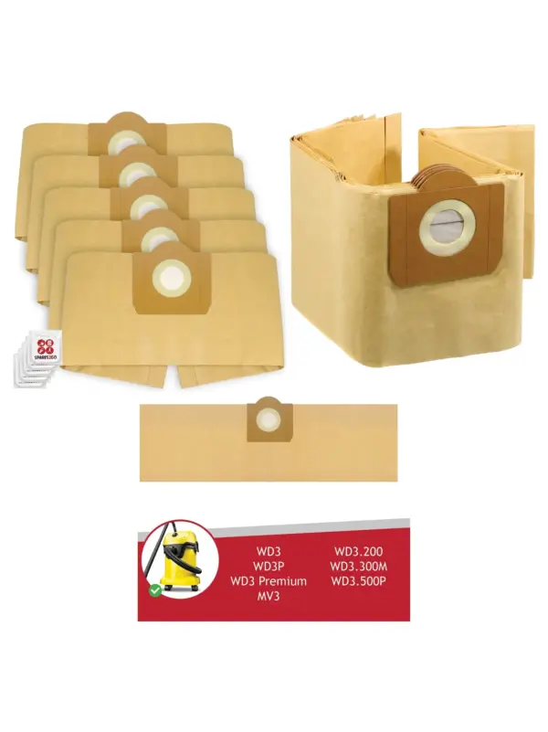 Karcher WD3/WD3P/MV3 Wet‑Dry Vacuum Dust Bags – 5 Pack + Freshener