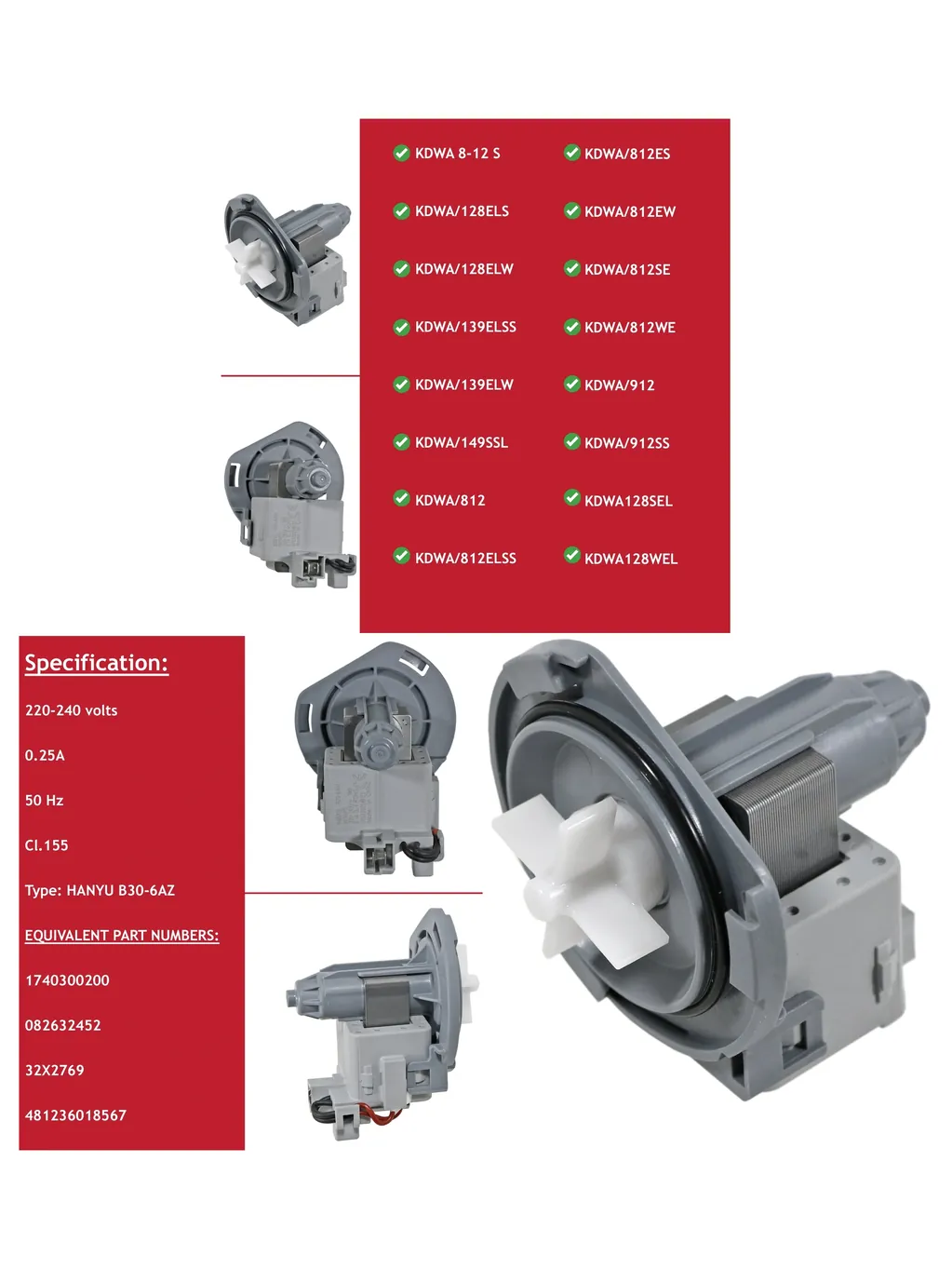 Kenwood Dishwasher Drain Pump for KDWA128, KDWA139, KDWA812, KDWA912