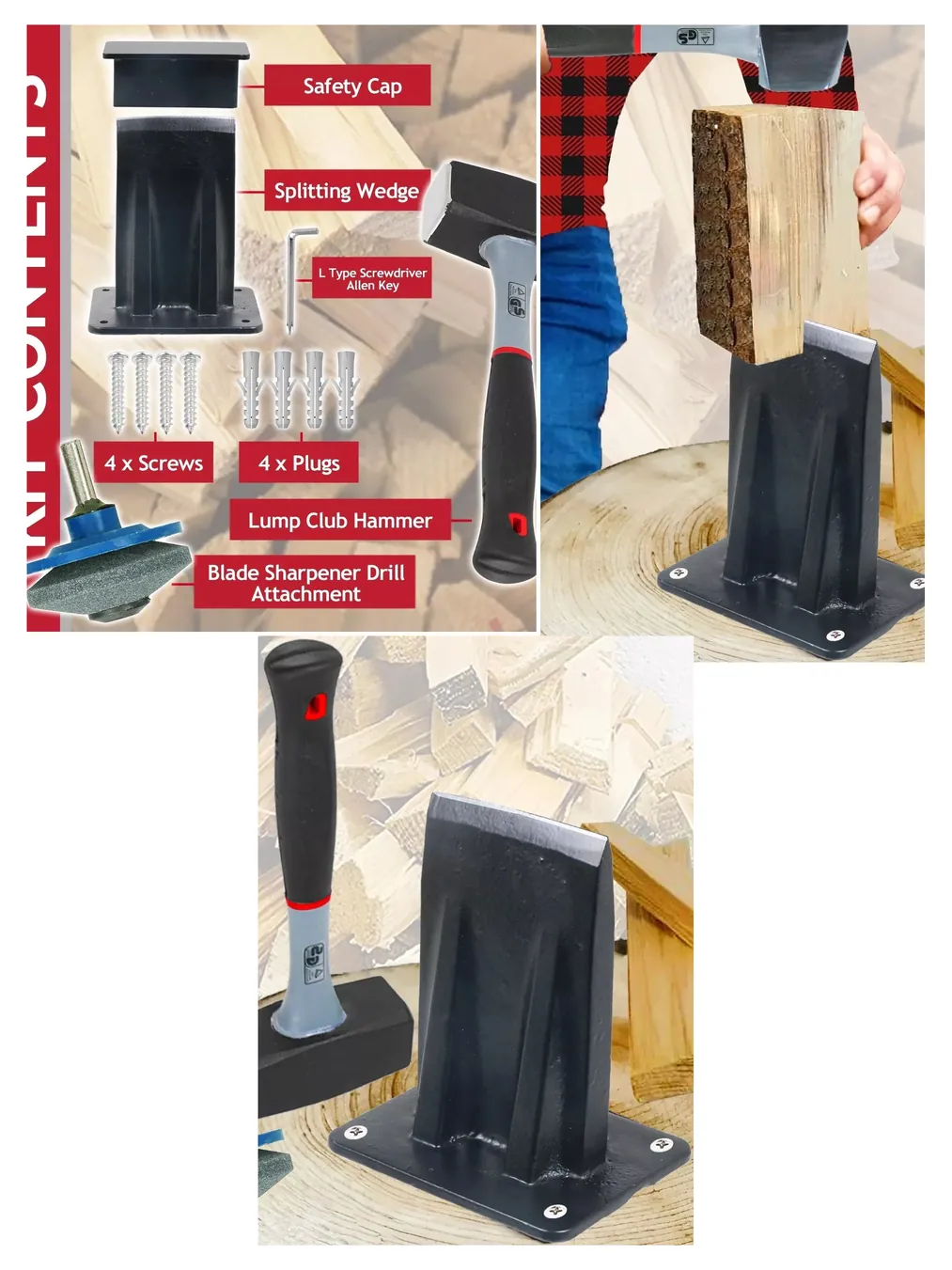 Kindling Splitter Kit – Sledge Hammer, Drill Sharpener & Chisel Set