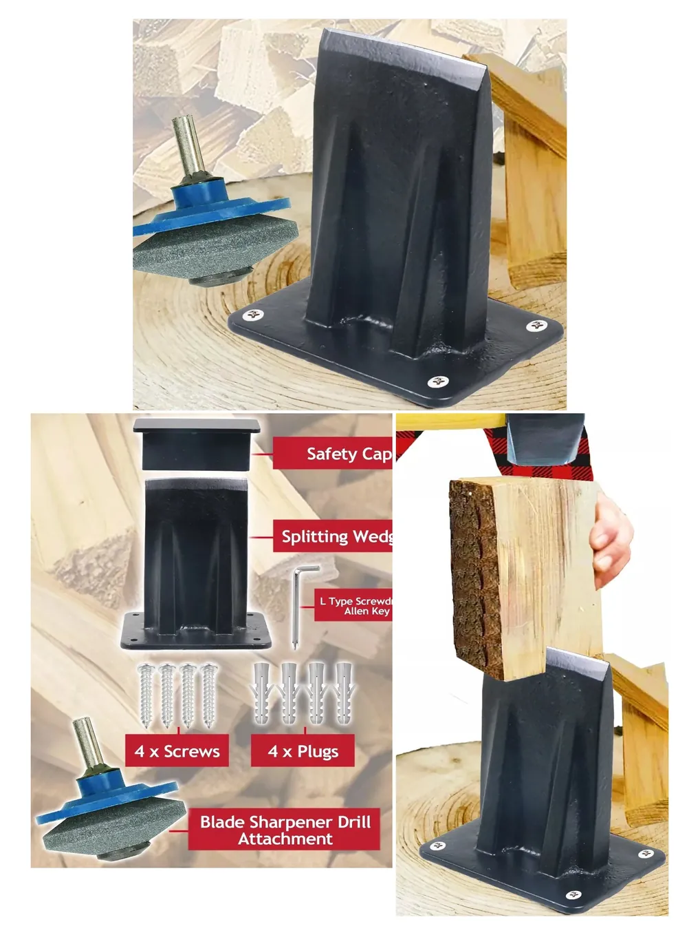 Large Wood Splitting Kit – Drill‑Mount Kindling Splitter & Sharpener