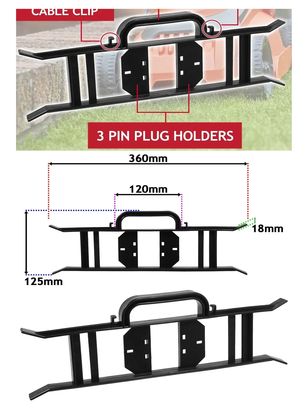 Lawnmower Extension Lead Reel with H‑Bracket Cable Organizer – 360×125 mm