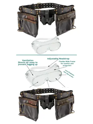 Leather Tool Belt with 12 Pockets, Riveted Double Layer + Goggles