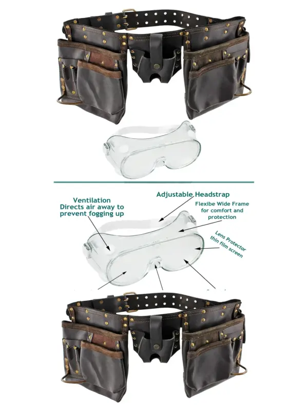 Leather Tool Belt with 12 Pockets, Riveted Double Layer + Goggles