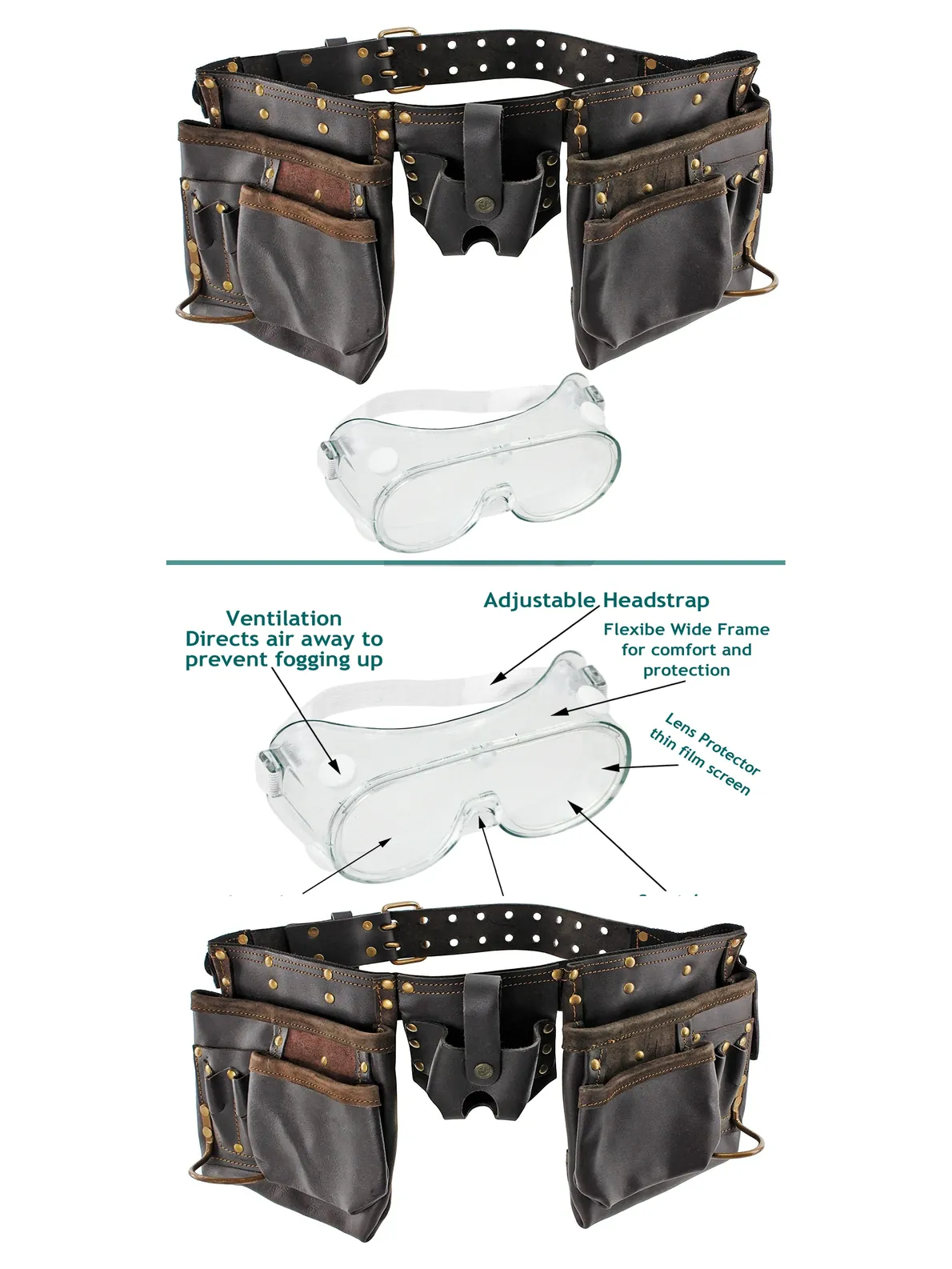 Leather Tool Belt with 12 Pockets, Riveted Double Layer + Goggles