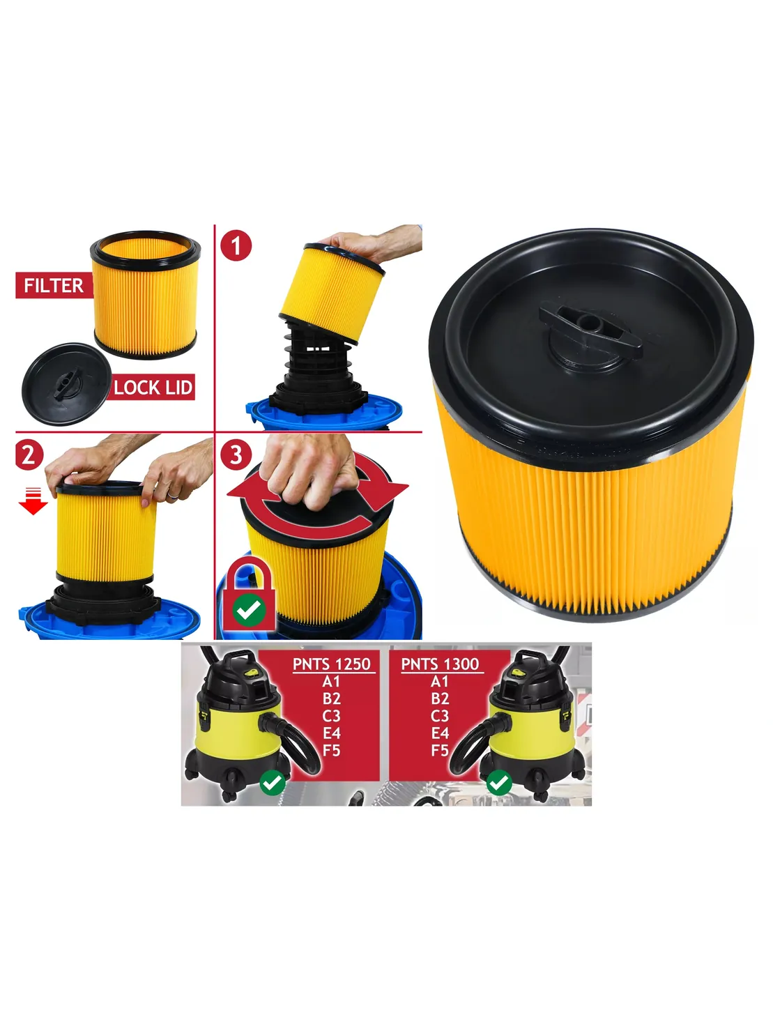 Lidl Parkside Wet/Dry Cartridge Filter for Vacuum Models 1250‑1500
