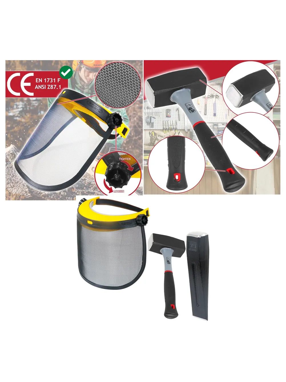 Log Splitter Safety Kit – 4 lb Hammer, Splitting Wedge & Mesh Visor