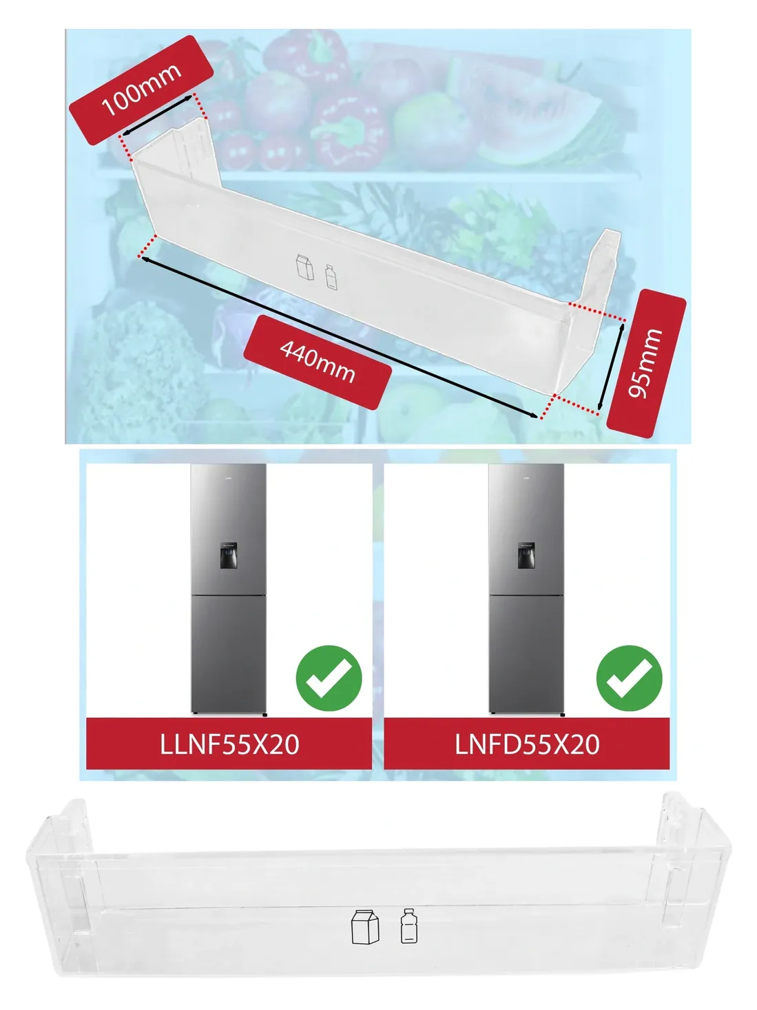 Logik Fridge Door Shelf – Lower Bottle & Dairy Tray Rack, 55x20