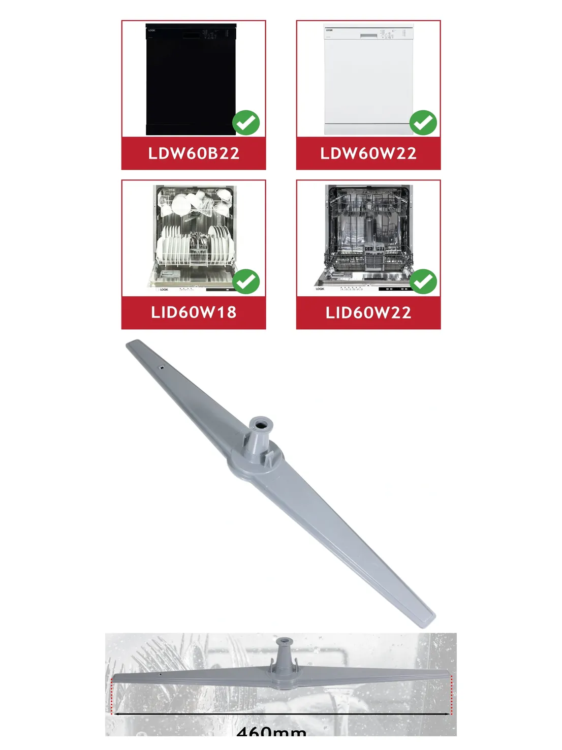 Logik Lower Spray Arm – Fits LDW60B22, LDW60W22, LID60W18 & LID60W22 Dishwashers